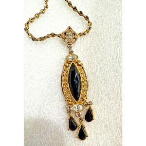 1928 Brand Black Glass Crystal Dangle Pendant Necklace Gold Filigree Rhinestone